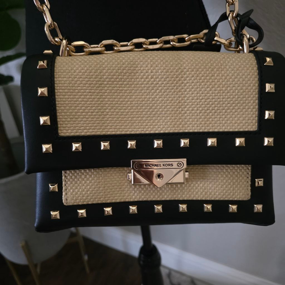 Michael Kors Studded Straw & Leather Crossbody Bag Tan/Black One Size - Picture 3 of 15